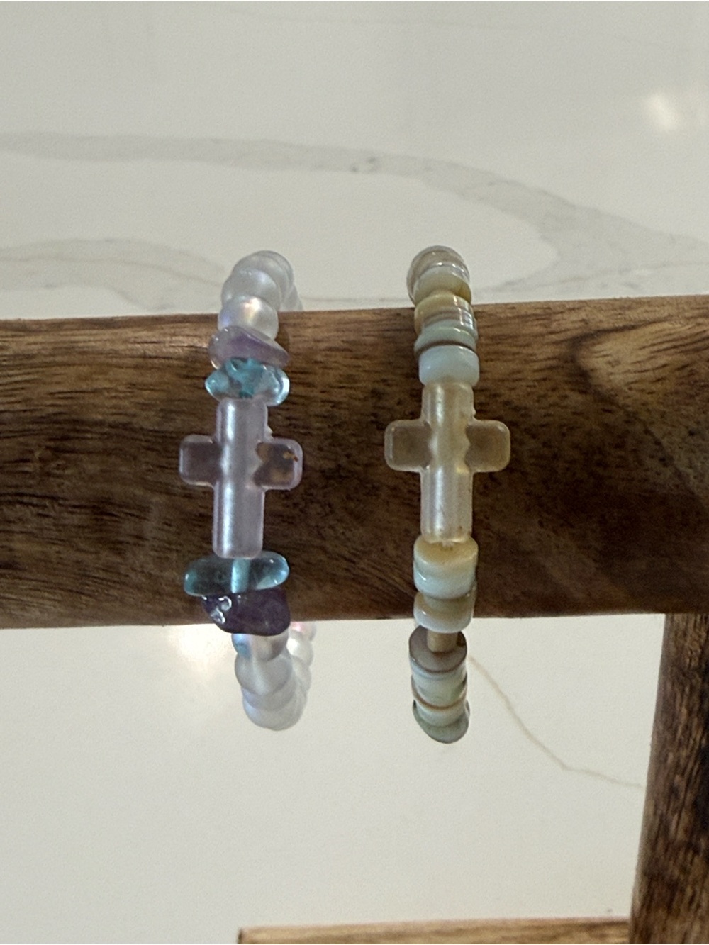 Glass Beaded Mermaid Aura Bracelet  and Amazonite Stone Cross Bracelet  Bundle